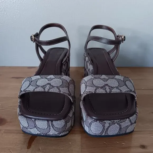 Coach Women Gale Wedge Sandal In Maple Signature Jacquard Platform Size 8.5 B - Picture 1 of 13